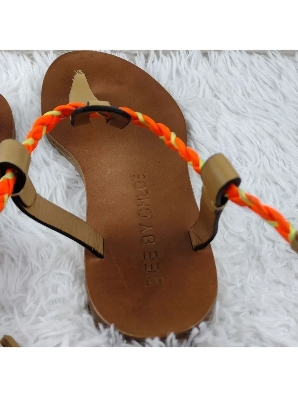 See By Chloe Tan Leather Almond Toe Thong Braided T-Strap Ankle Lace Sandal Shoe